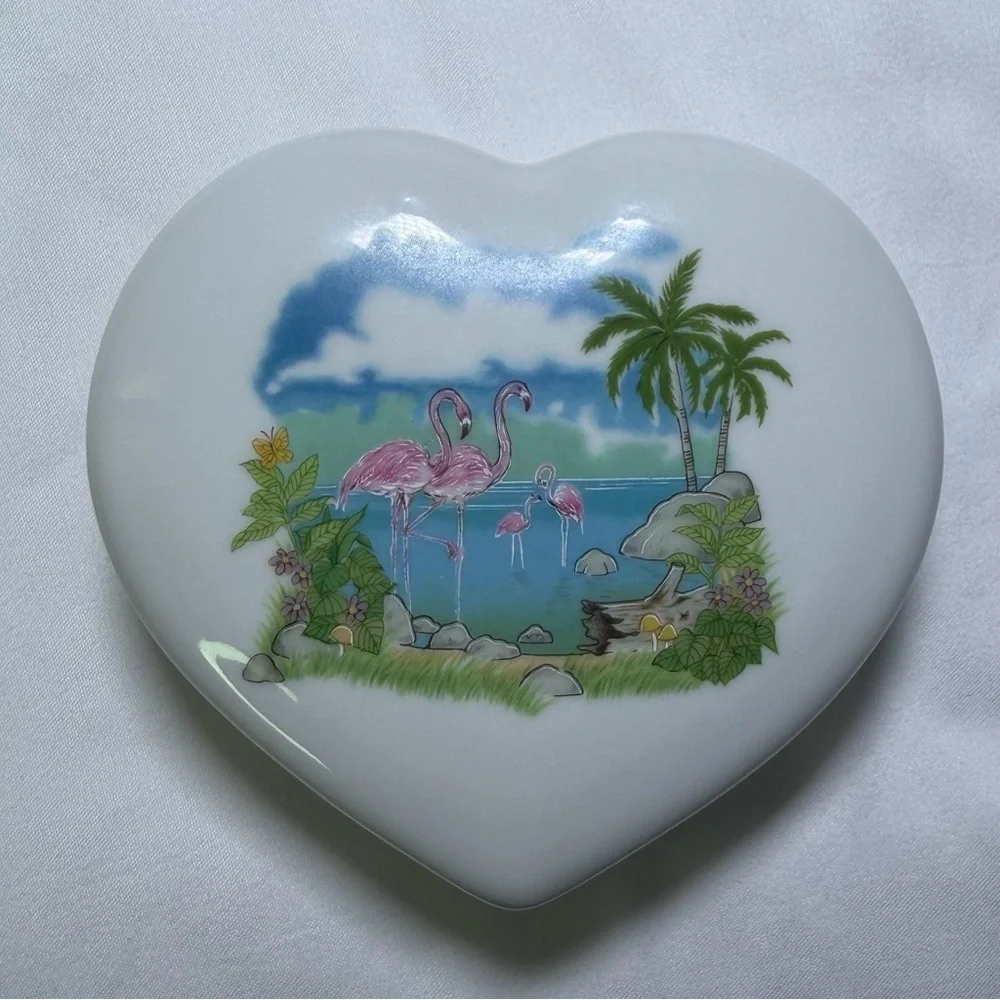 Vintage Papel Japan Flamingo Fantasy Ceramic Heart Jewelry Box Retro Home Decor